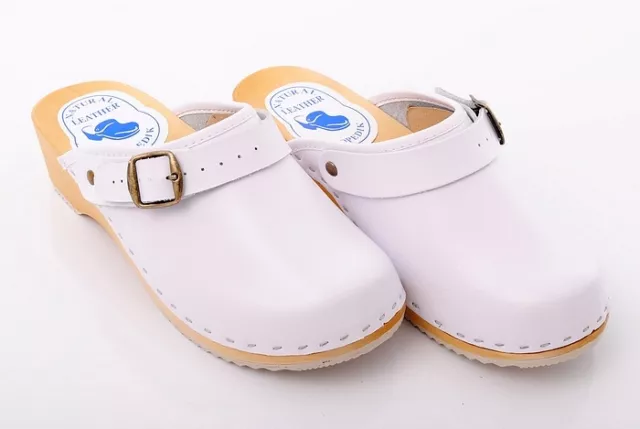 White Clogs Geniune Leather Hand Made Healthy Mules Wooden Sole Shoes D4