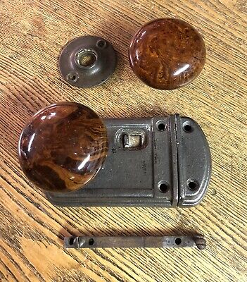 Antique Russwin Petite Cast Iron Rim Lock Brown Mineral Doorknobs, c1860