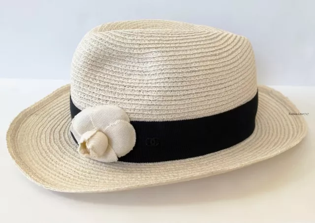 CHANEL Vintage Woven Raffia Fedora Hat Ribbon Hat Black