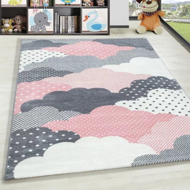 Kinderteppich Kurzflor Soft Wolken Wölkchen Kinderzimmer Babyzimmer Grau Pink