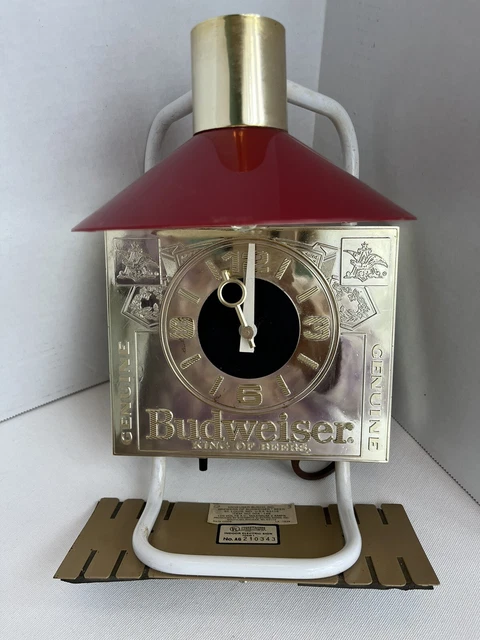 Vintage Anheuser Busch Budweiser Lamp Red Shade Working Clock And Light On Base