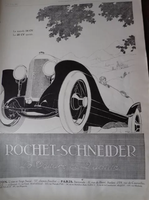 ROCHET SCHNEIDER 14 et 20 CV René VINCENT publicité papier ILLUSTRATION 1925 col