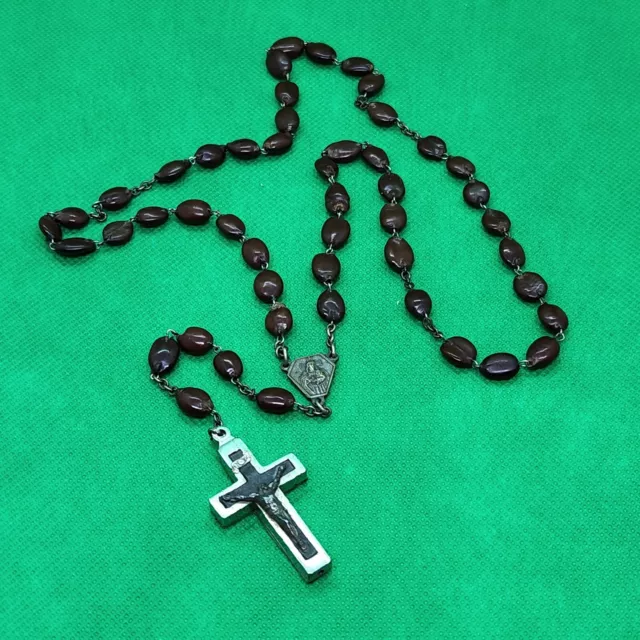 Vintage "Roma" Reliquary Crucifix Cross Rosary, Silver Tone Metal & Ebony Wood