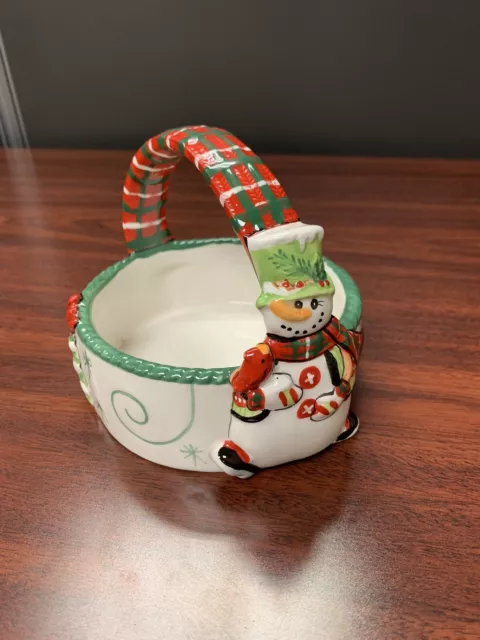 Fitz and Floyd "Holly Hat Snowman"  Basket / Candy Dish