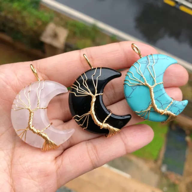 3pcs Mix Gems Stone Tree Of Life Pendants Moon Chakra Reiki Healing Amulet