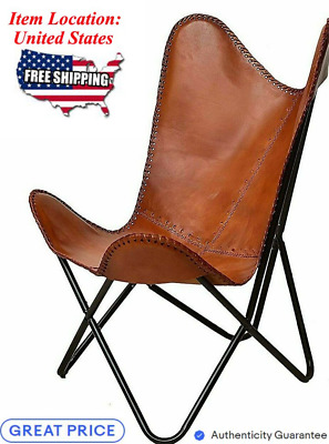Leather Handmade Butterfly Chair Seat Folding Modern Sling Vintage Lounge Accent