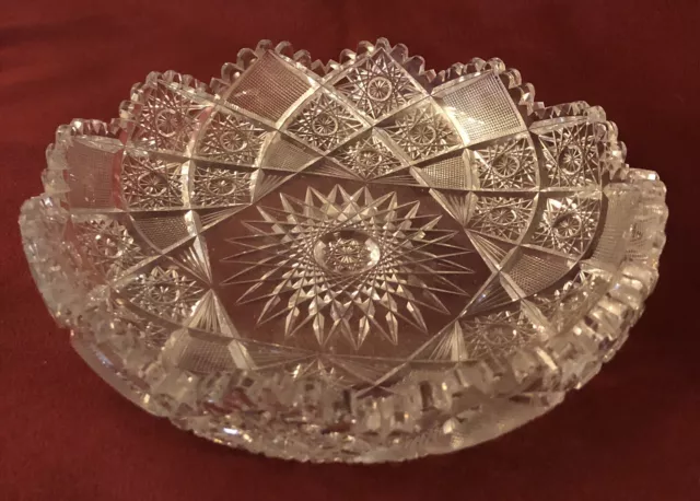 American Brilliant Period 8” Cut Crystal Bowl Jewish Hobstar Diamond Pattern#VIC