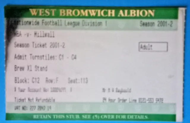 WEST BROMWICH ALBION v MILLWALL 2001-2002 DIVISION ONE MATCH TICKET