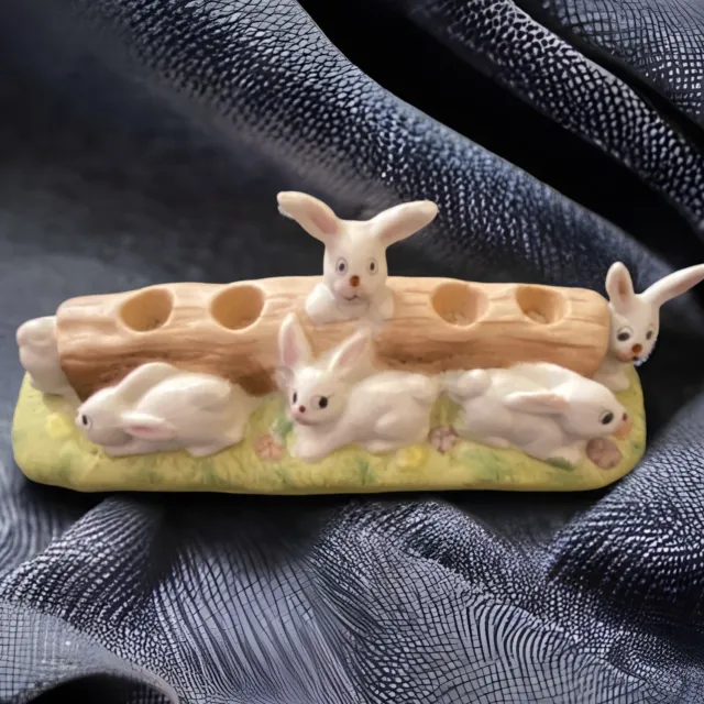 Porcelain Easter Bunnies on Log Mini Candle Holder ~7" VTG 1986 MSR Imports