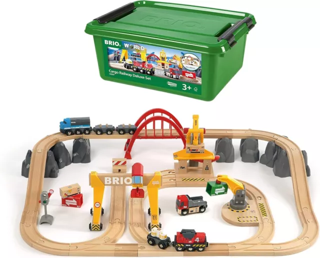 BRIO World Deluxe Cargo Wooden Railway Train Set for Children Age 3 Years Up...