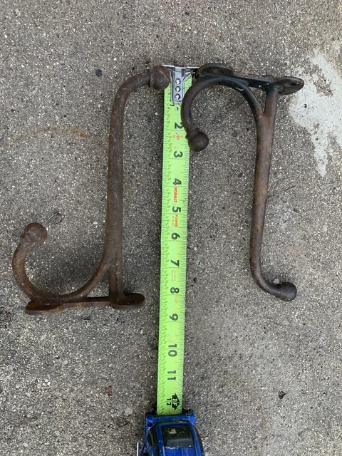 Pair Large 8" Vintage Cast Wall Hook Coat Hat Rack Rustic Primitive Double
