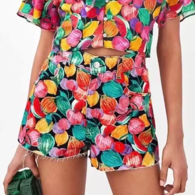 Zara high waisted denim shorts fruit pattern NWT - size 0