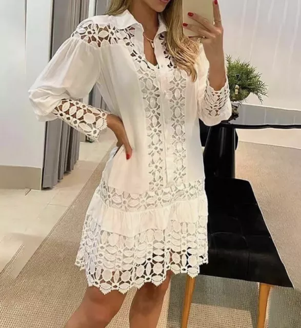 CHICME Eyelet Lace Mini Shirt Dress with Short Cami Dress - White - Medium- NEW