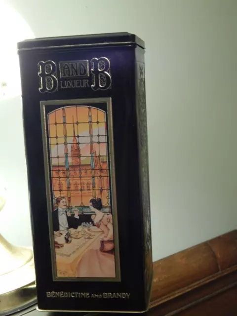 B and B Liqueur Tin Canister Benedictine Brandy Vintage Advertising Hinged Lid