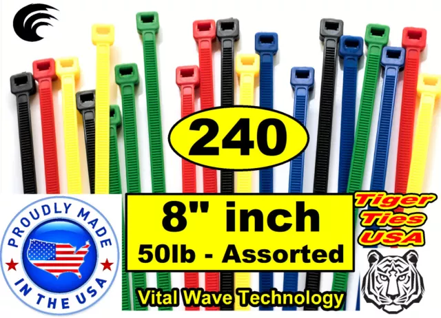 240 ASSORTED 8" inch Wire Cable Ties Nylon Tie Wraps 50lb USA Made Tiger Ties