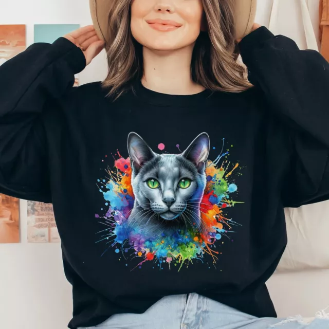 Russian Blue Cat Color Splash Unisex Sweatshirt Black Navy Dark Heather