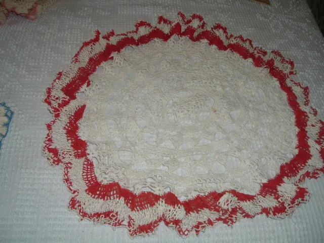 Vtg 50s Red White Round Lace Ruffles Hand Crochet Doily 18" #SFB