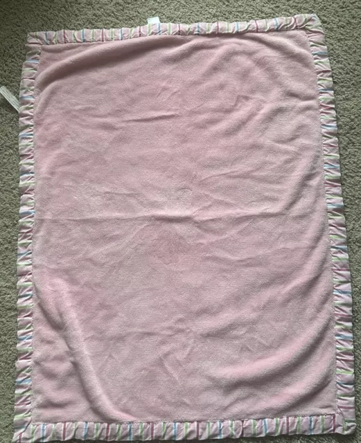 Sumersault Soft Pink Plush Baby Blanket Pink Green Blue Striped Trim Baby Girl B