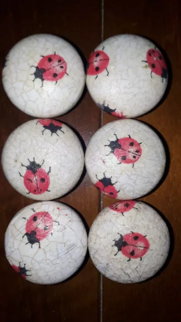 6 white crackle effect hand painted decoupage ladybird  drawer knobs with screws