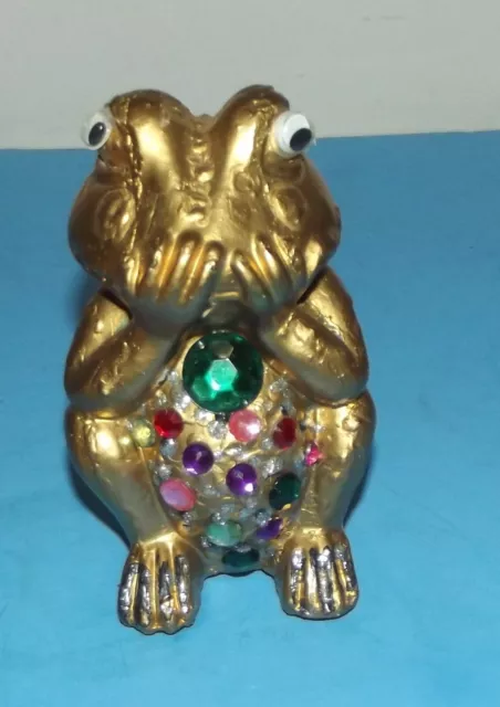 Concrete Frog Statue Painted Gold Tone with Rhinestones Cement Ornament 5"x3"