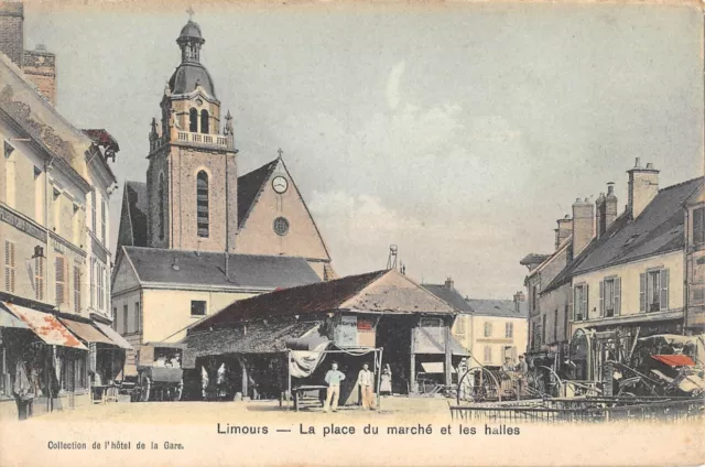 Cpa 91 Limours Place Du Marche Et Les Halles