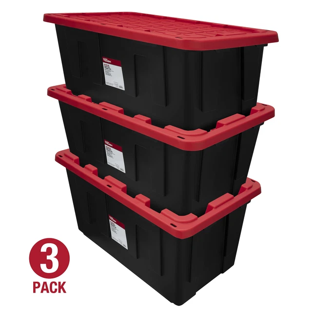 40 GALLON SNAP Lid Plastic Storage Bin Container, Black with Red Lid