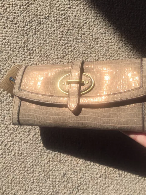 Fossil Gold Metallic Croc Embossed Leather Trifold Wallet MSRP $85 *New w/ Tags*