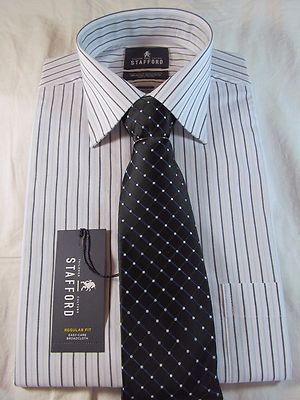 NWT STAFFORD EASY CARE BROADCLOTH DRESS SHIRT & TIE,Blue Stripe w/ Blue Grid Tie