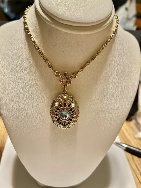Vintage 1928 Jewelry Co Lavalier Locket AB Rhinestones Pendant Necklace 28”
