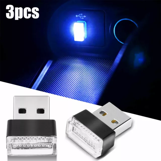 3x Blue USB LED Car Interior Lamp Neon Atmosphere Ambient Light Car Accessories