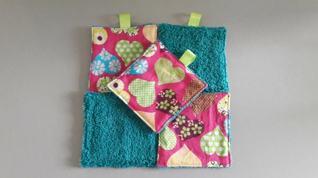 Lot de 5 lingettes lavables en coton et éponge fait main