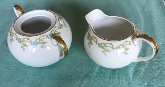 Limoges Old Abbey Blue Floral Vine Creamer and Sugar Bowl with Gold Trim