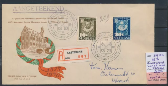 LR50865 Netherlands 1950 registered Leiden university FDC used cv 425 EUR