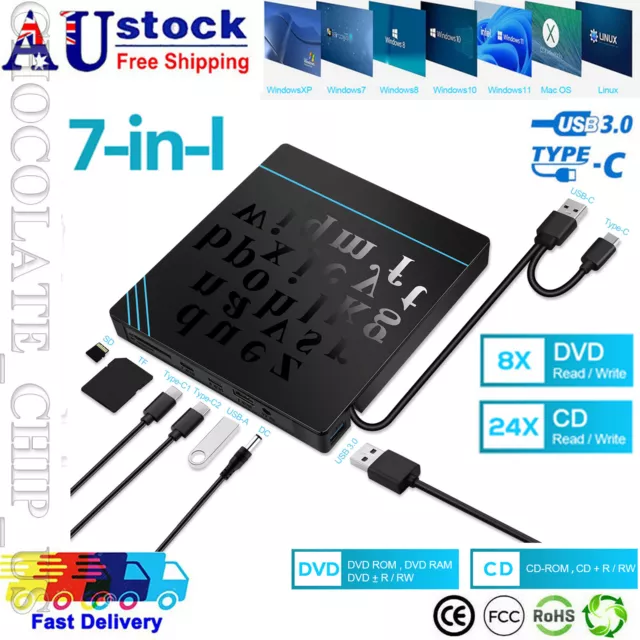 7-in-1 USB External DVD CD Disc Burner Player Reader Optical Drive for PC Laptop