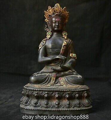 8.4" Vieux Chinois Bronze Doré Gemmes Amitayus longévité Dieu Déesse Statue