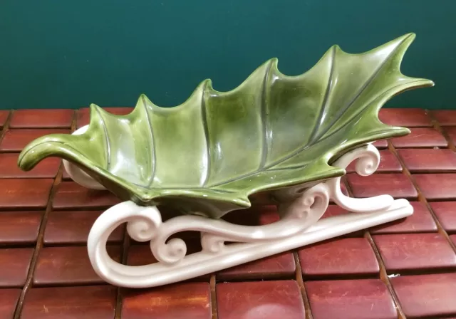 Vintage Atlantic & Holland Ceramic Christmas Holly Leaf Sleigh Candy Dish 11"x5"