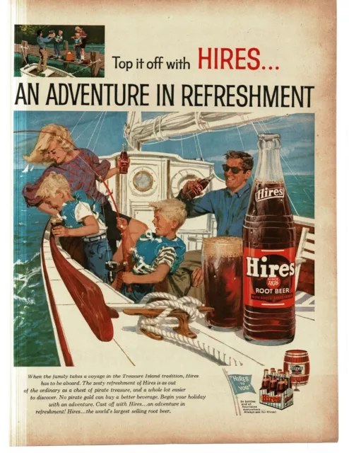 1959 Hires Root Beer Soda family fishing fun on sailboat art Vintage Print Ad