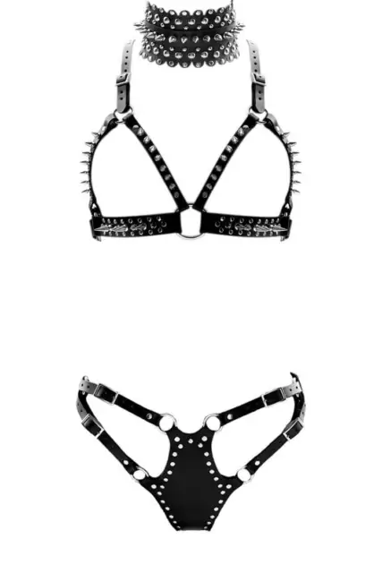 Genuine Leather Sexy Thorn Spike Harness Bra & G-string With Choker For Clubwear