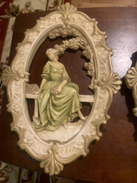 Vintage Jayess United 1950s Victorian Couple Wall Plaques 3D Floral Chalkware