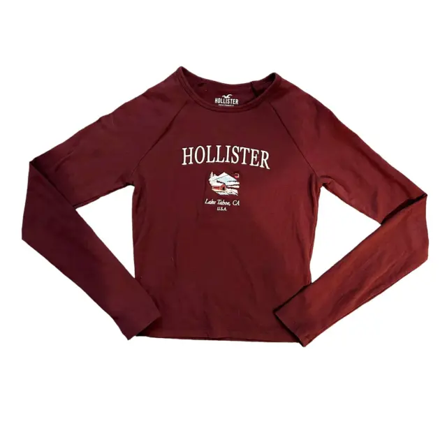 Hollister Cranberry Logo Cropped Long Sleeve Top Womens Size XS
