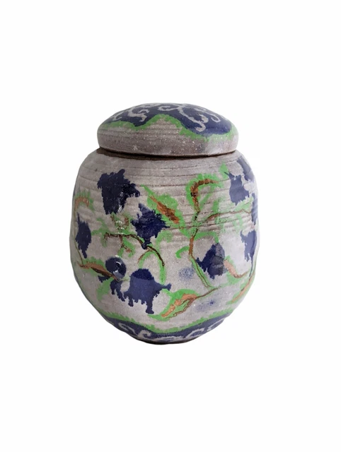 Vintage Signed Chinoiserie Chinese Inspired Blue Bell Art Pottery Ginger Jar Urn