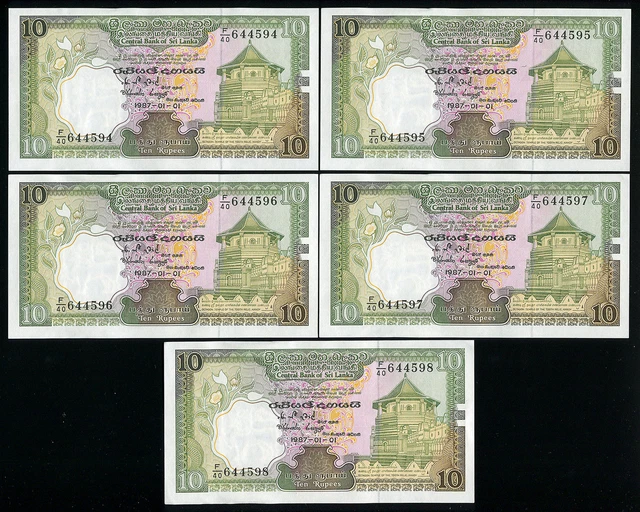SRI LANKA - LOT SET of 5 Banknotes Notes - 10 RUPEES 1987 - P-96 P96 (A-UNC)