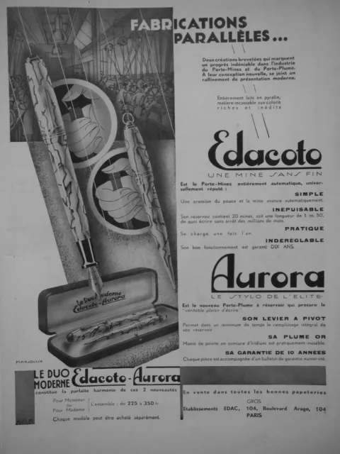 Publicité 1931 Stylo Le Duo Moderne Edacoto Aurora Porte-Plume - Advertising