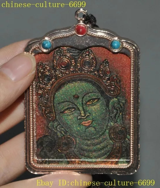 2.6" China Tibetan silver Inlay gem Tara head statue thangka amulet Pendant