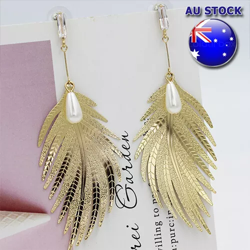 Wholesale 18K Gold Plated Hollow Large Feather Dangly Hook Earrings