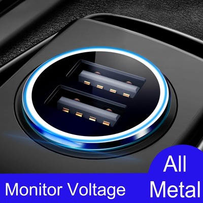 Indicateur de Tension Affichage Etat Noir USB Chargeur Voiture 4.8A/24W 2 Ports Mini Allume Cigare USB Car Charger pour iPhone XS Max/XR Samsung et Plus DIVI Chargeur de Voiture Tout en métal 