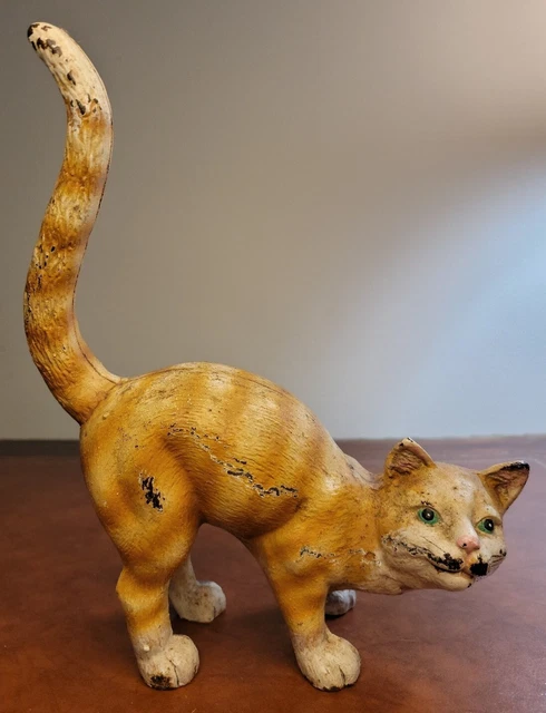 Antique Cast Iron Cat Door Stop Arched Back Green Eyes