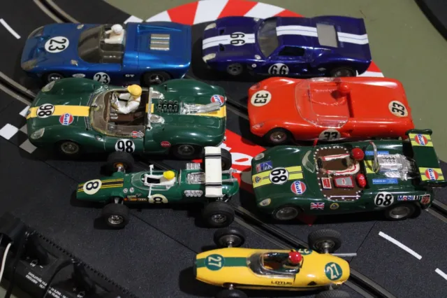 Vintage Lot of 7 Cox K&B Scalextric Revell Atlas 5 Lotus & 2 Ford GT40 Slot Cars