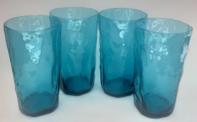 Atomic Barware Morgantown Glass Crinkle Peacock Blue Flat Iced Tea Set of 4