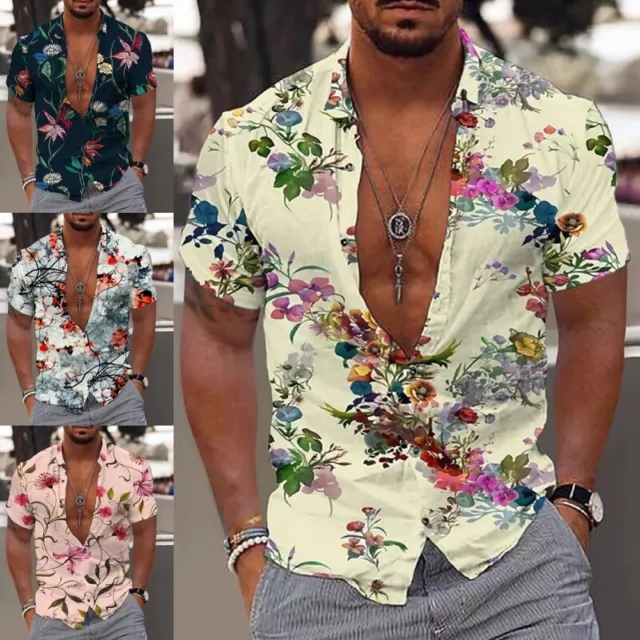 Mens Hawaiian Floral Tops Holiday Beach Casual Short Sleeve Button-Down Shirts